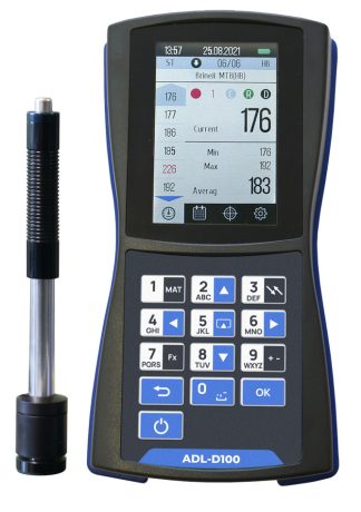 A handheld metal hardness testing device with a small display and pen-sized testing attachment
